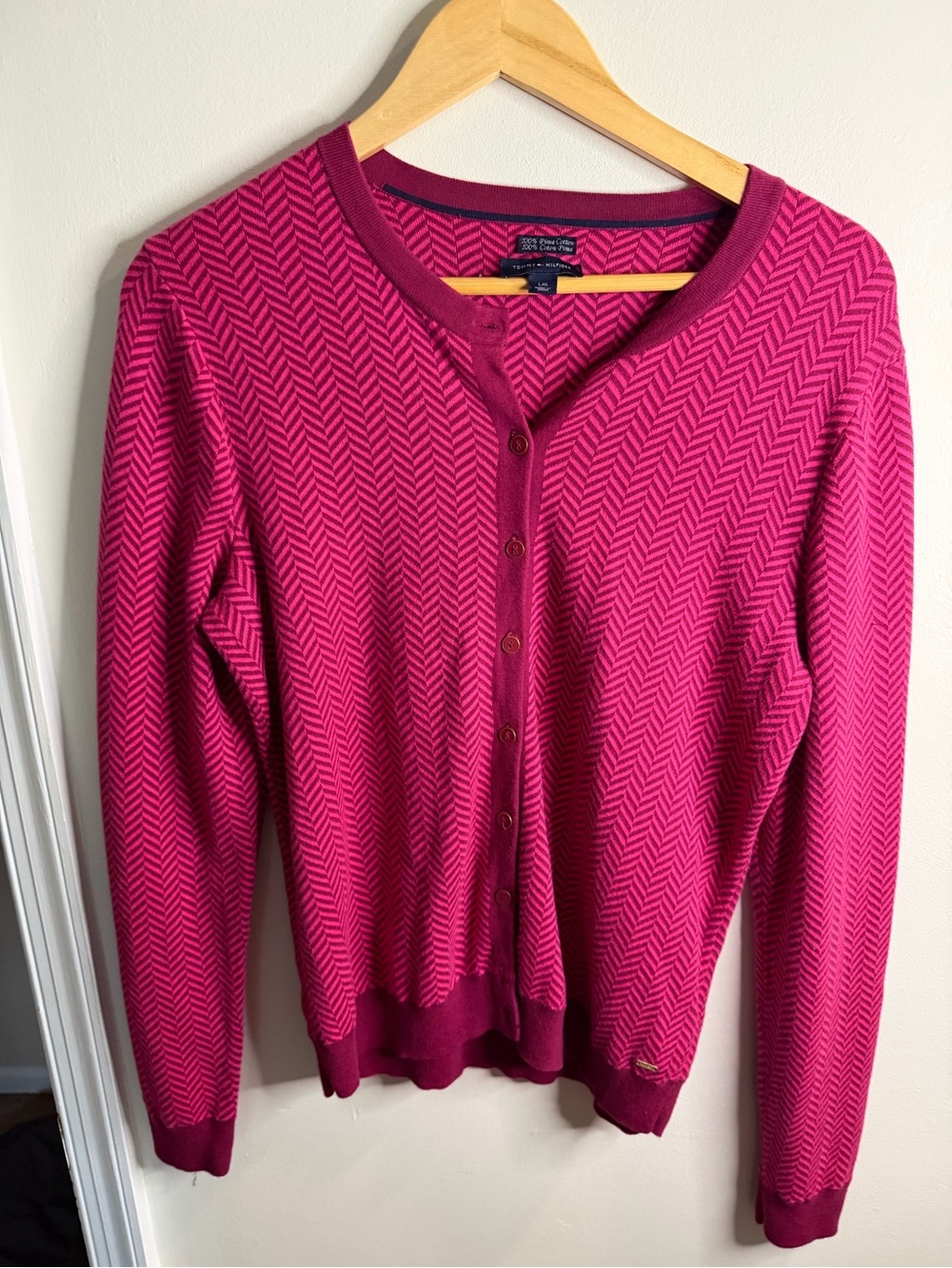 Tommy Hilfiger Women’s Pink Herringbone Pima Cotton Cardigan